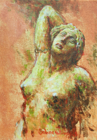 Stervende dochter van Niobe. Griekse gevelfiguur Acryl op canvaspaneel 13 x 18cm